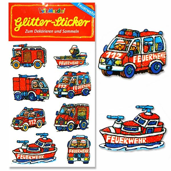 Feuerwehr Glitzer Stickers, 1 Karte, 8 Stickers, Mitgebsel & Partyfun