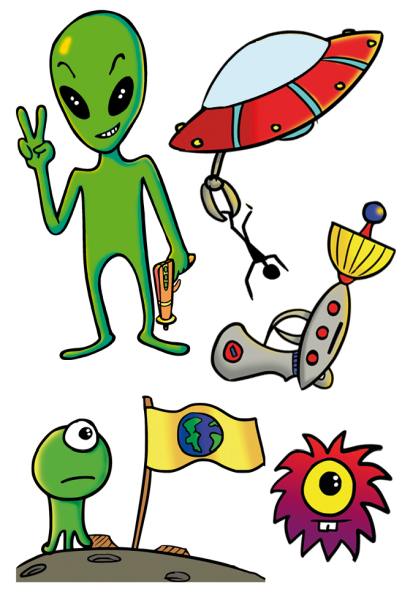 Tattoos Alien, 1 Karte mit 5 Motiven, Mitgebsel, Gastgeschenk, Giva-away, Spielzeug, Kindergeburtstag, Motto-Party