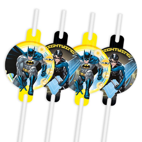 Trinkhalme mit Batman Anstecker, 4er Pack, Pappe