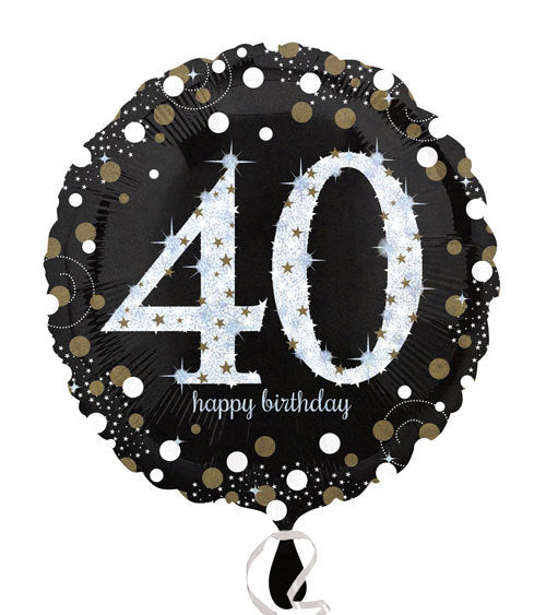Folienballon, Happy Birthday 40, Rund, schwarz weiss, 45cm