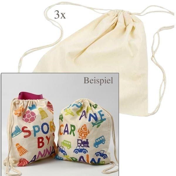 Baumwollbeutel mit Kordel, 3er Pack, zum Gestalten, 37x41 cm, hellnatur