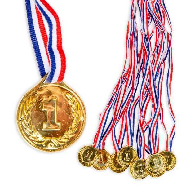 Medaillen "1." Platz, golden, mit Band, 8 Stück