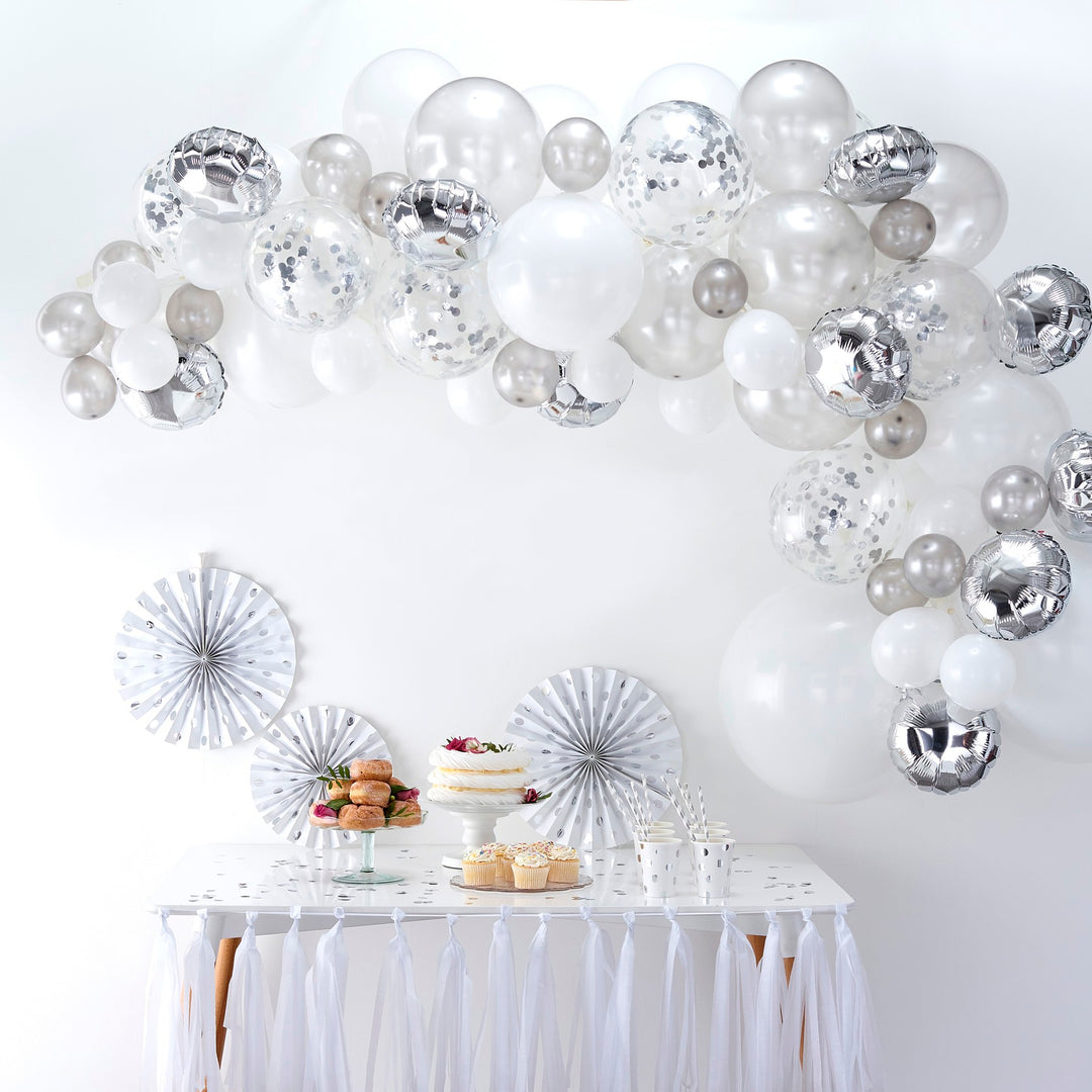 Ballongirlande silber, DIY Girlande, 70 Ballons inkl. Folien- & Konfettiballone, 4m Ballonband