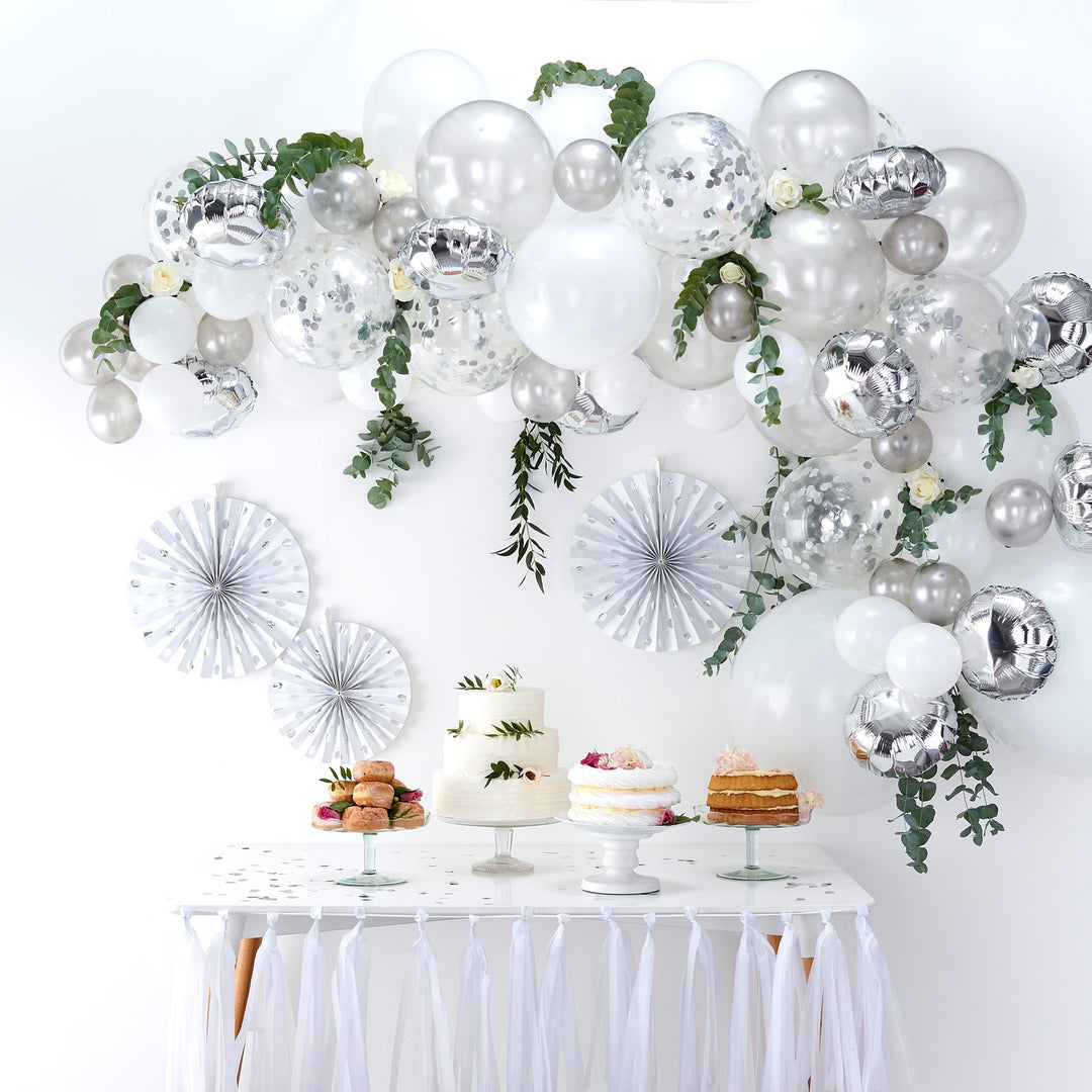 Ballongirlande silber, DIY Girlande, 70 Ballons inkl. Folien- & Konfettiballone, 4m Ballonband