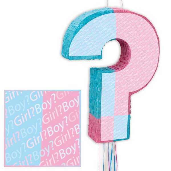 Pinata Fragezeichen rosa/hellblau, Bänder zum Ziehen, 53cm