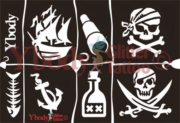 Glitzertattoo, Schablonen-Set, 7 Stk., Piraten