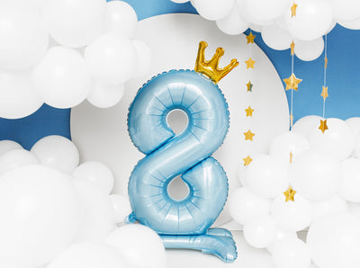 Stehender, hellblauer Zahlen Folienballon  mit Krone, Nummer 1-9 und 0, 84cm