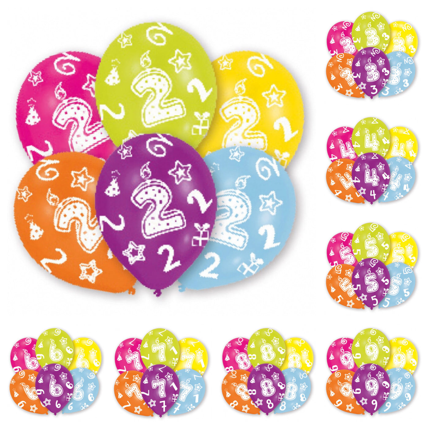 Luftballons, Zahlen 2-9,  6er Pack, bunt, Party Deko Motto-Party am Kindergeburtstag, Geburtstag