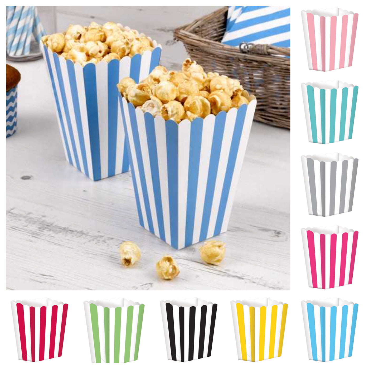 Popcorn Tüten, gestreift, 5er Pack, versch. Farben