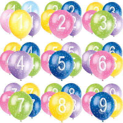 Luftballons, Zahlen 1-9, 5er Pack, bunt, Party Deko Motto-Party am Kindergeburtstag, Geburtstag
