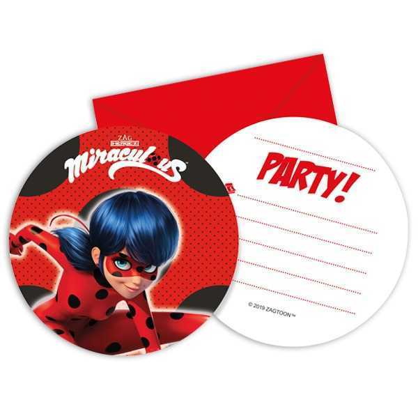 Einladung Miraculous, Ladybug, rund, 6er Pack inkl. Umschläge