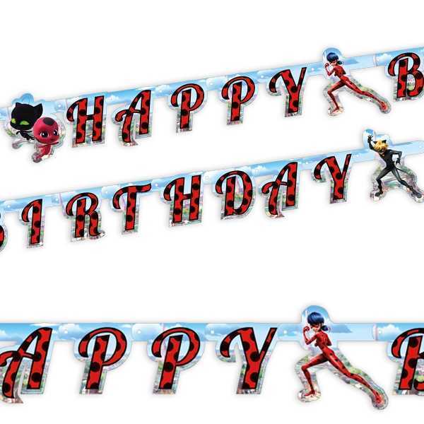 Buchstabenkette Happy Birthday, Miraculous, Ladybug, 1.8m, Party Deko Motto-Party am Kindergeburtstag, Geburtstag