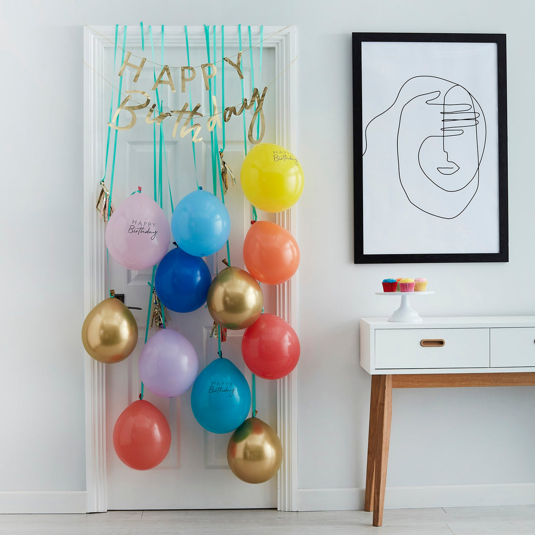 Türdeko Kit: Happy Birthday Girlande, Tassel in gold, 12 regenbogen Ballons, 15tlg