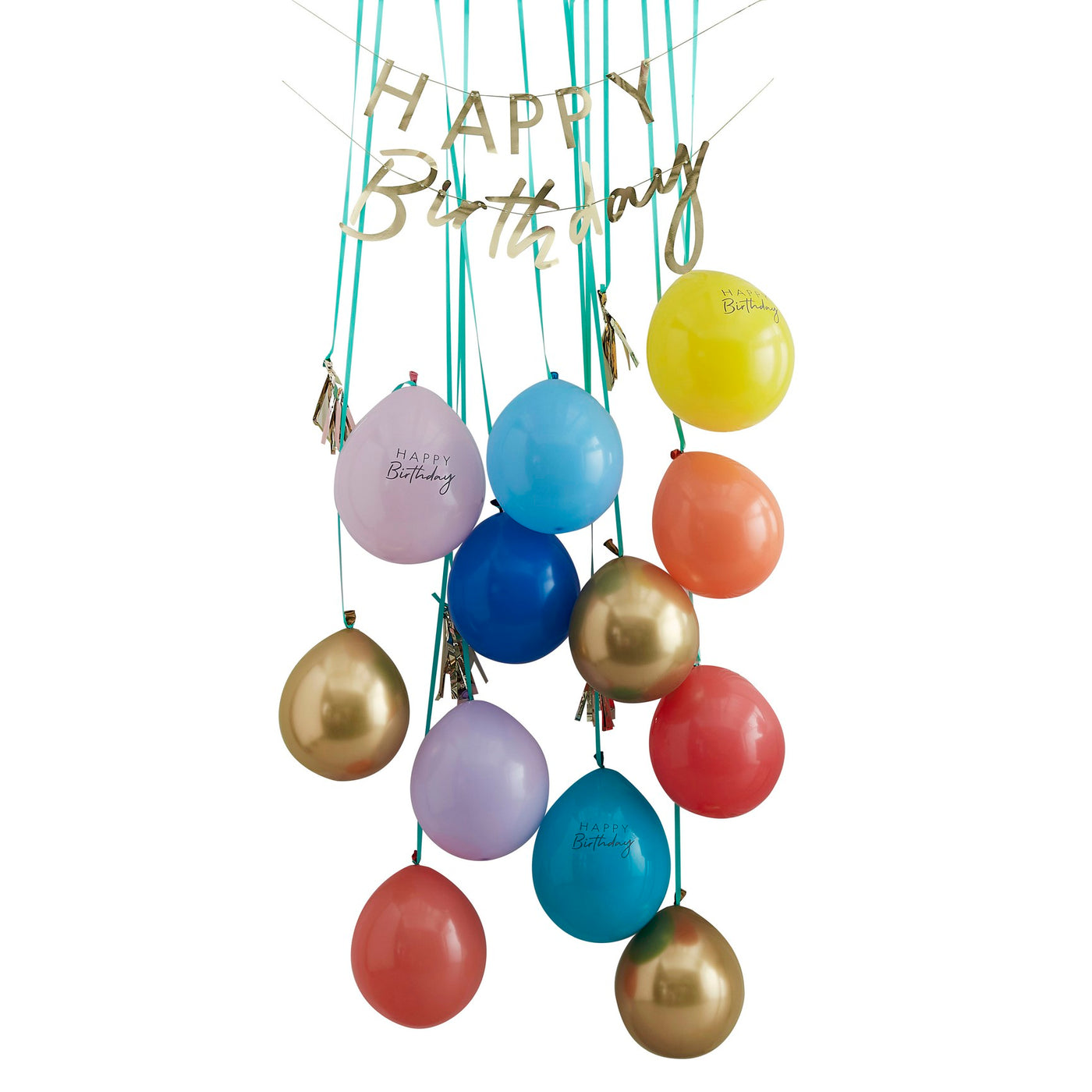 Türdeko Kit: Happy Birthday Girlande, Tassel in gold, 12 regenbogen Ballons, 15tlg