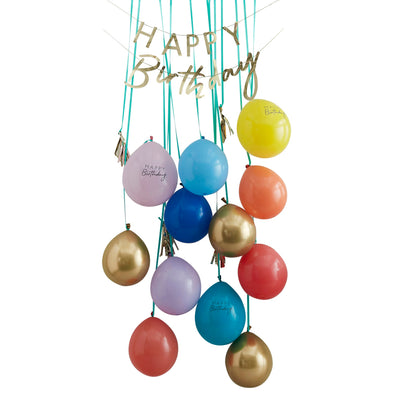 Türdeko Kit: Happy Birthday Girlande, Tassel in gold, 12 regenbogen Ballons, 15tlg
