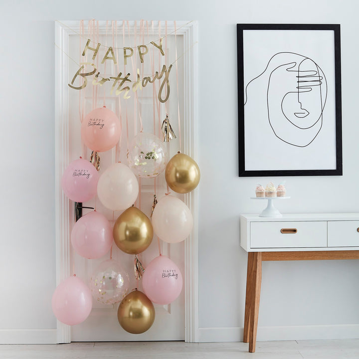 Türdeko Kit: Happy Birthday Girlande & Tassel in gold, 17 Ballons, 22tlg