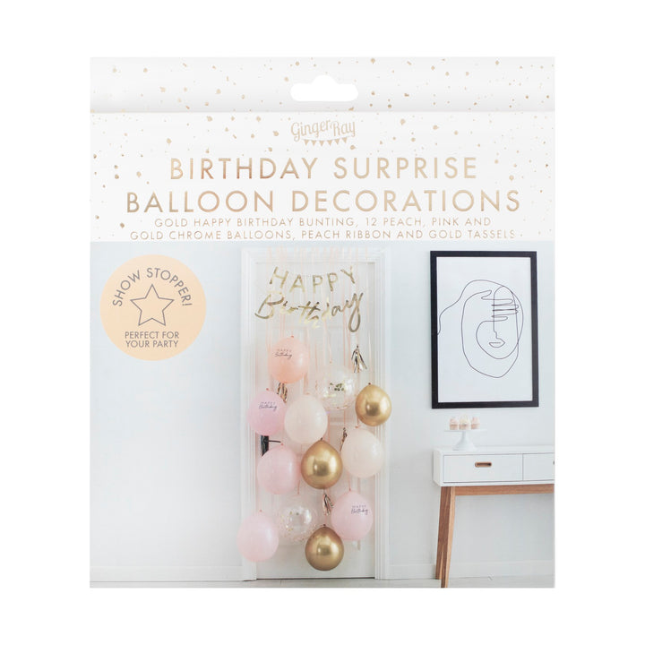 Türdeko Kit: Happy Birthday Girlande & Tassel in gold, 17 Ballons, 22tlg kinderparties-shop