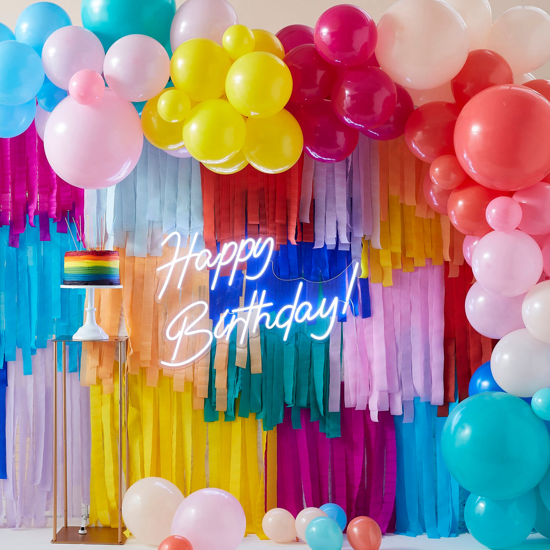 Regenbogen Ballongirlande Set, DIY, 115 Ballons und 250m Kreppgirlande