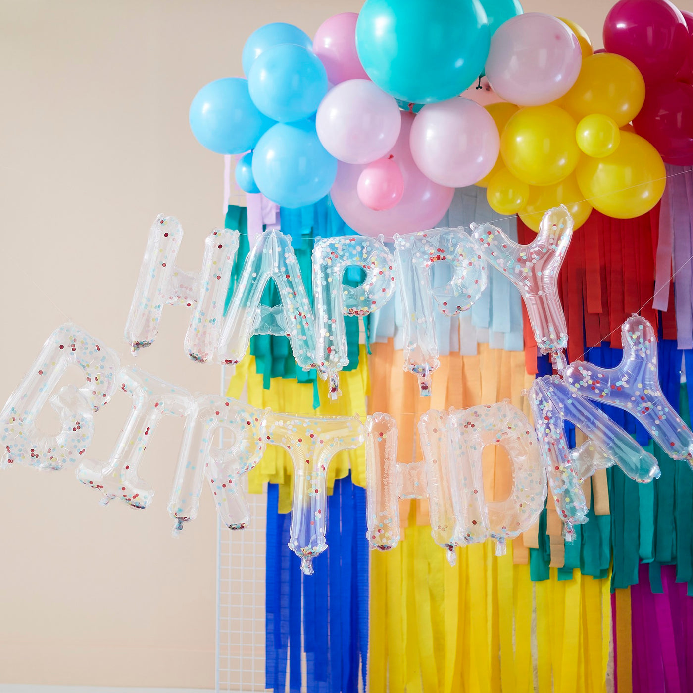 Transparente Happy Birthday Ballongirlande mit Konfetti, 13 Ballons
