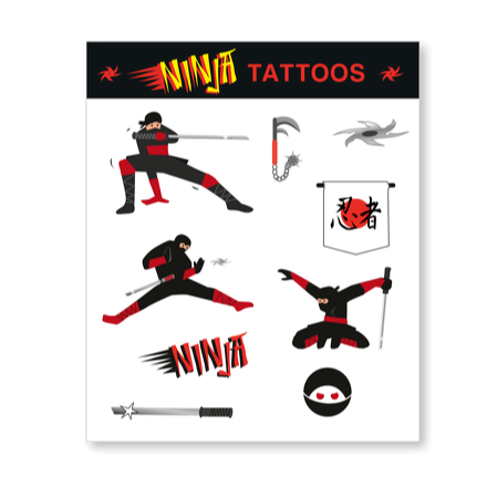 Tattoos Ninja, 1 Karte, 9 Motive, Mitgebsel, Gastgeschenk, Giva-away, Spielzeug, Kindergeburtstag, Motto-Party