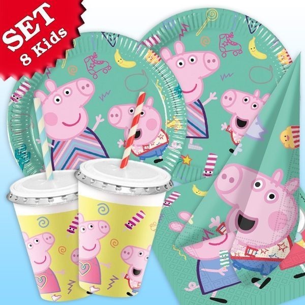 Party Deko Set Basic, Peppa Pig, 8 Kids, 64-tlg, Party Deko Motto-Party am Kindergeburtstag, Geburtstag