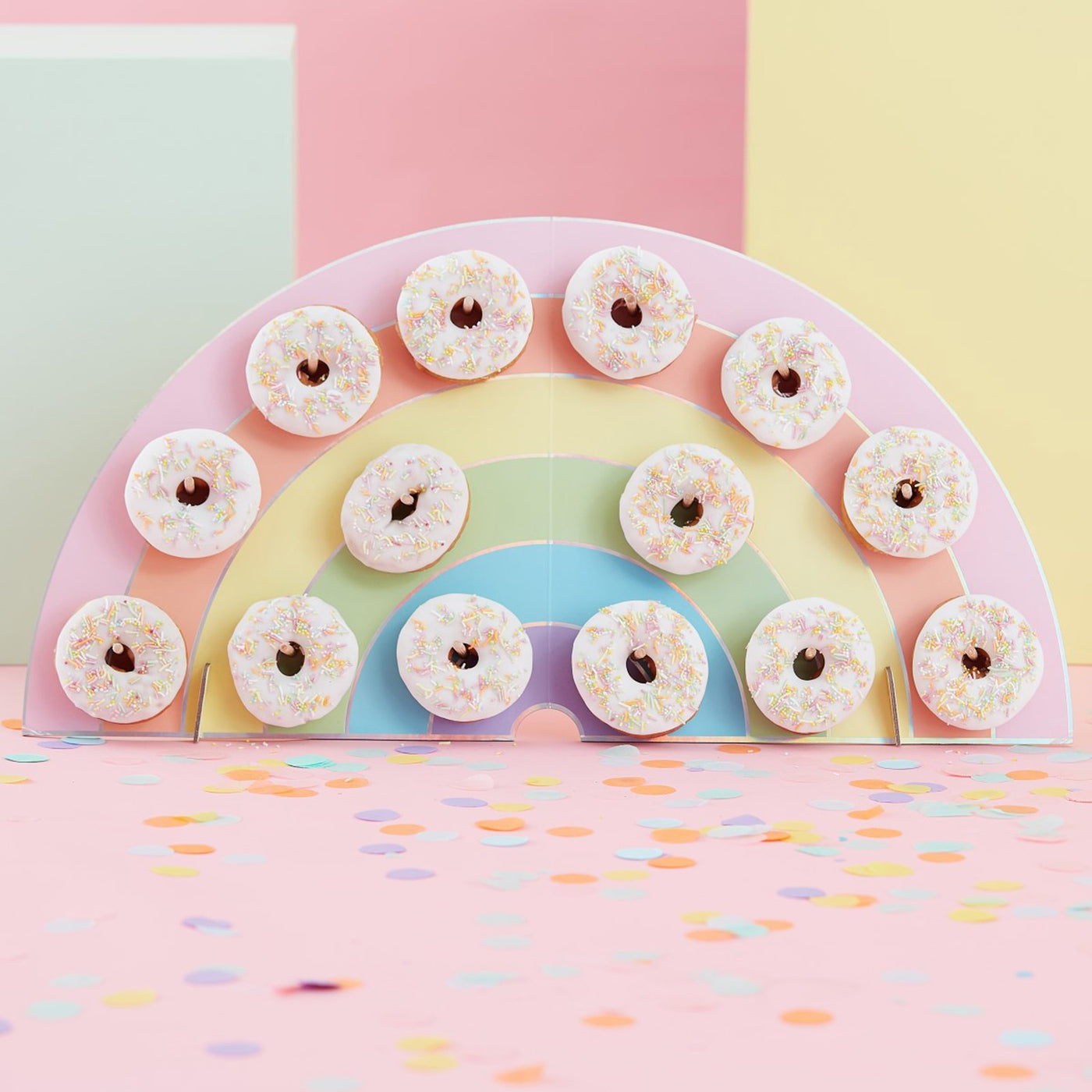 Regenbogen Donut Ständer, Pastell, Buffetdeko für 14 Donuts, 64x32 cm