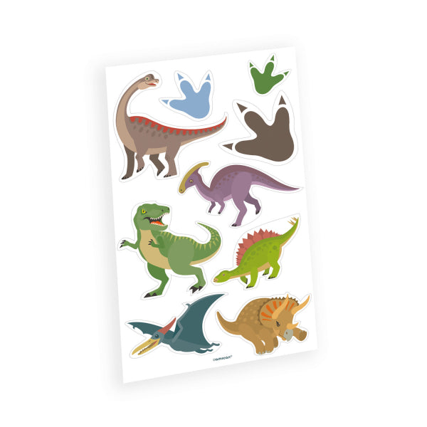 ein Langhals, ein T-Rex, ein Stegosaurus, ein Pteranodon, ein Triceratops, ein Iguanadon und 3 Fussspuren