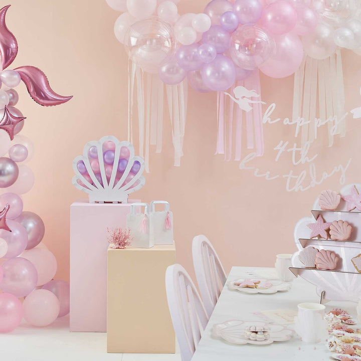 Ballongirlande, Pastell, rosa-violett-weiss, 50 Ballone inkl. passendem Kreppapier kinderparties-shop