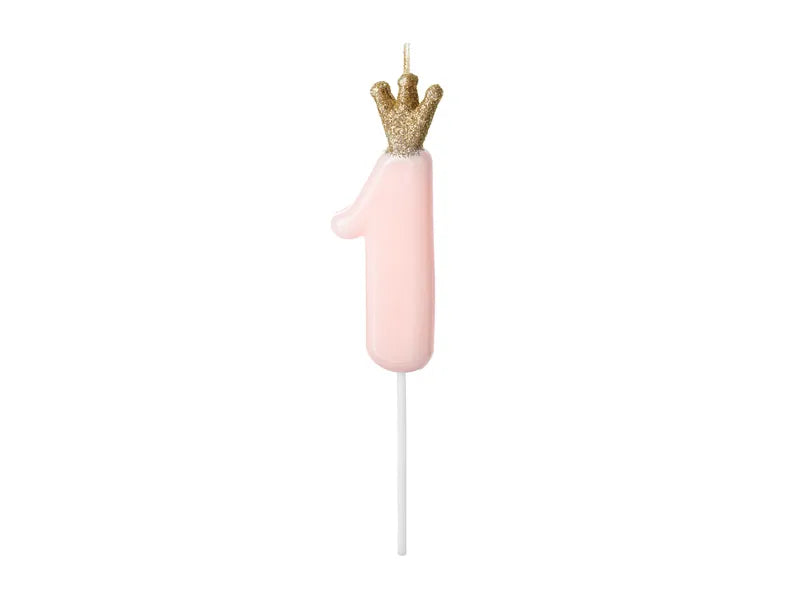 Zahlenkerze 1-9 & 0, pink mit Krone, 9.5 cm