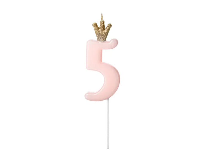 Zahlenkerze 1-9 & 0, pink mit Krone, 9.5 cm