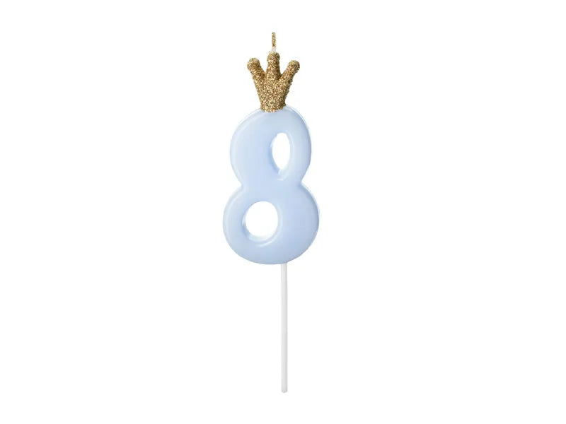 Zahlenkerze 1-9 und 0, blau mit Krone, 9.5 cm