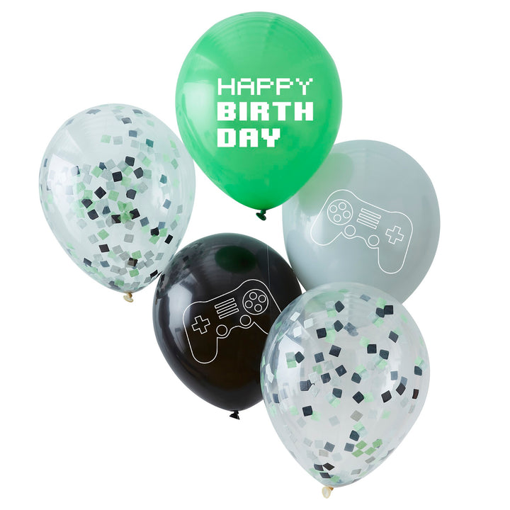 Game On Luftballons & Konfettiballone, Gaming Party, 5er Pack