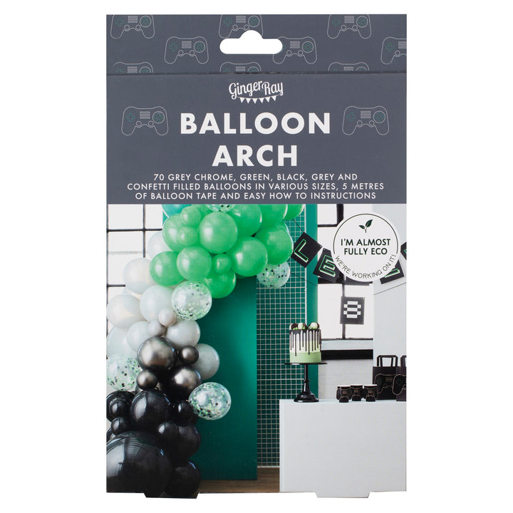 Ballon Girlande, schwarz-grau-grün, Game On, DIY, 70 Ballone inkl. 5m Ballonband kinderparties-shop