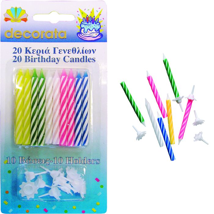 Geburtstagskerzen bunt gestreift, 20er Pack inkl. 10 Halter