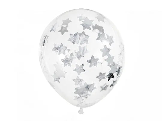 Konfetti Luftballons, Silber, 30 cm, 6er Pack