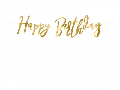 Happy Birthday Buchstabenkette, Schnürlischrift, gold