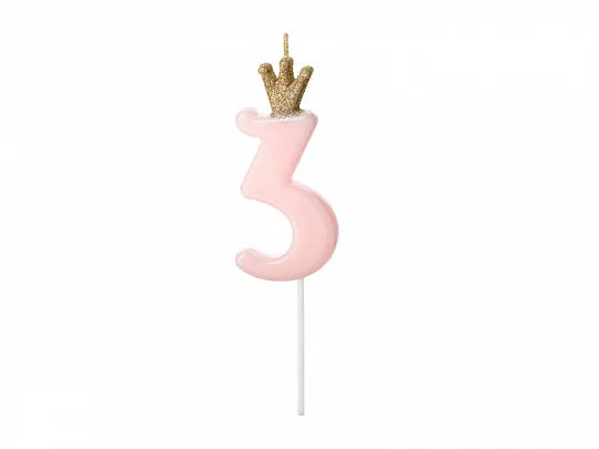 Zahlenkerze 1-9 & 0, pink mit Krone, 9.5 cm