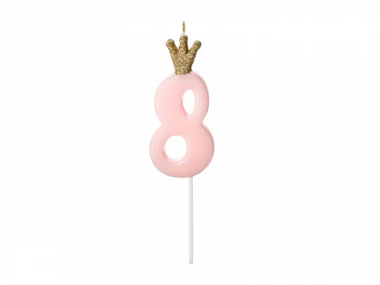 Zahlenkerze 1-9 & 0, pink mit Krone, 9.5 cm