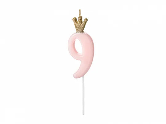 Zahlenkerze 1-9 & 0, pink mit Krone, 9.5 cm kinderparties-shop
