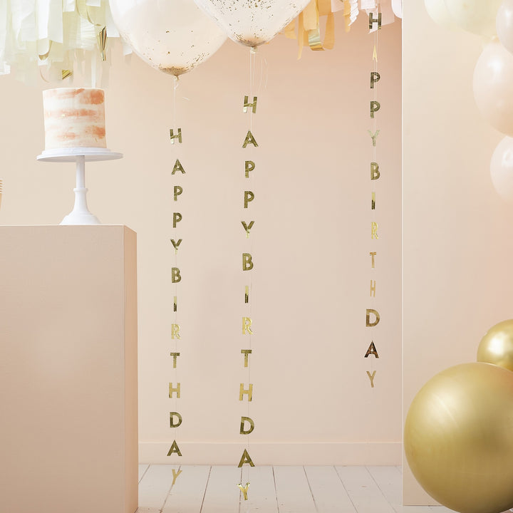 5 Happy Birthday Ballonanhänger, gold, 1m kinderparties-shop