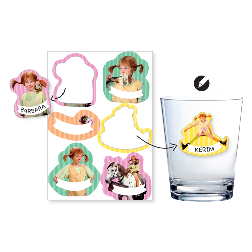 Stickers mit Namensfeld Pippi Langstrumpf für Ihre Gläser, 6er Pack