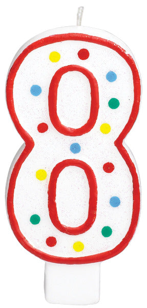 Zahlenkerze 1-9 & 0, weiss-glitzernd, rot mit bunten Punkten, XL, Party Deko Motto-Party am Kindergeburtstag, Geburtstag