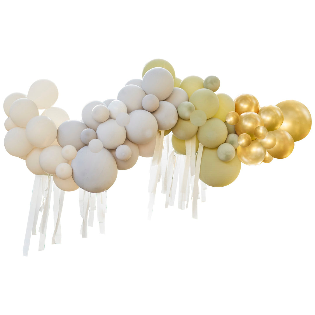 Ballongirlande, grün, gold, beige, Dschungelparty, 75 Ballons & 12 Palmenstiele kinderparties-shop